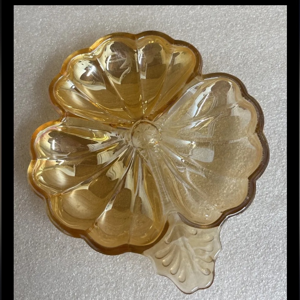 Jeanette Doric Marigold Lustre Depression Glass Clover Leaf Candy Dish 2 in set